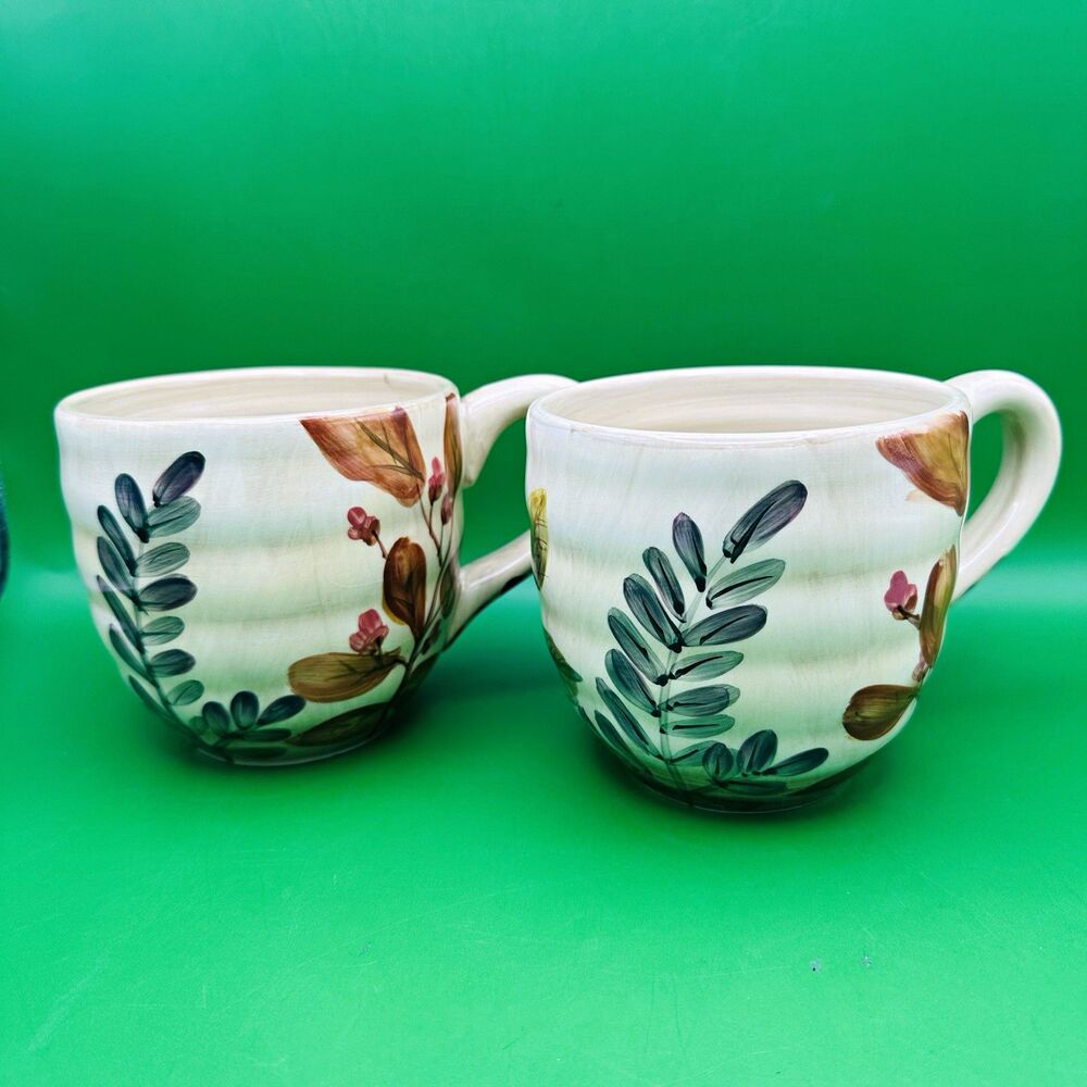 Set of 2 Home Trends Shadowwood Ceramic Coffee Mugs Ribbed Stoneware Botanical